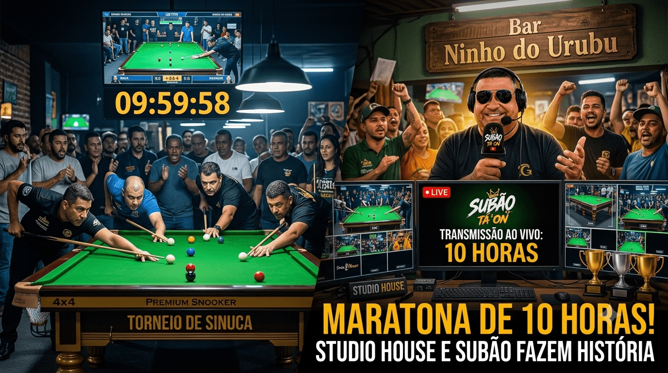 Imagem 16:9 dividida: à esquerda, mesa de sinuca e público no Bar Ninho do Urubu; à direita, Subão, transmissão da Studio House e o texto "MARATONA DE 10 HORAS!