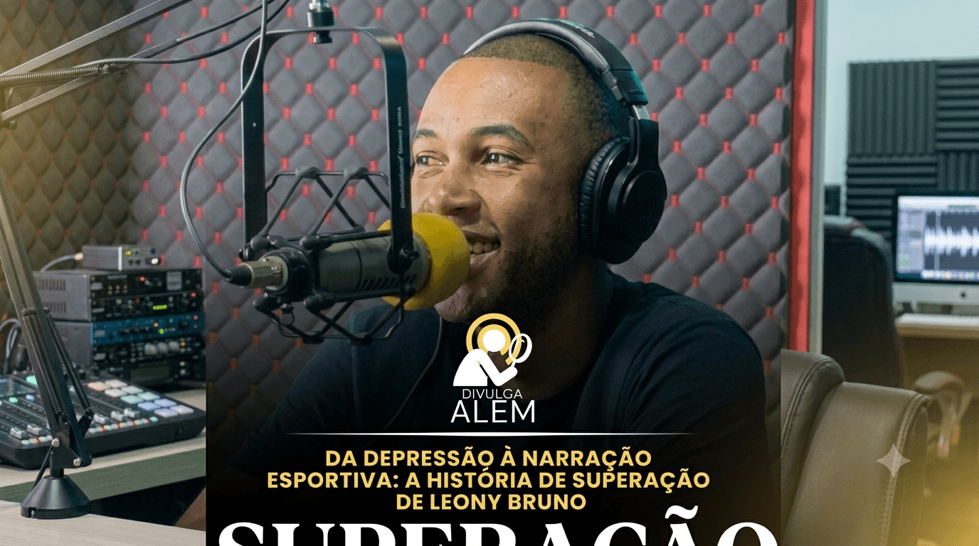 Homem negro sorridente, com fones de ouvido e microfone de estúdio, apresenta o podcast 'Divulga Além' sobre a história de Leony Bruno.